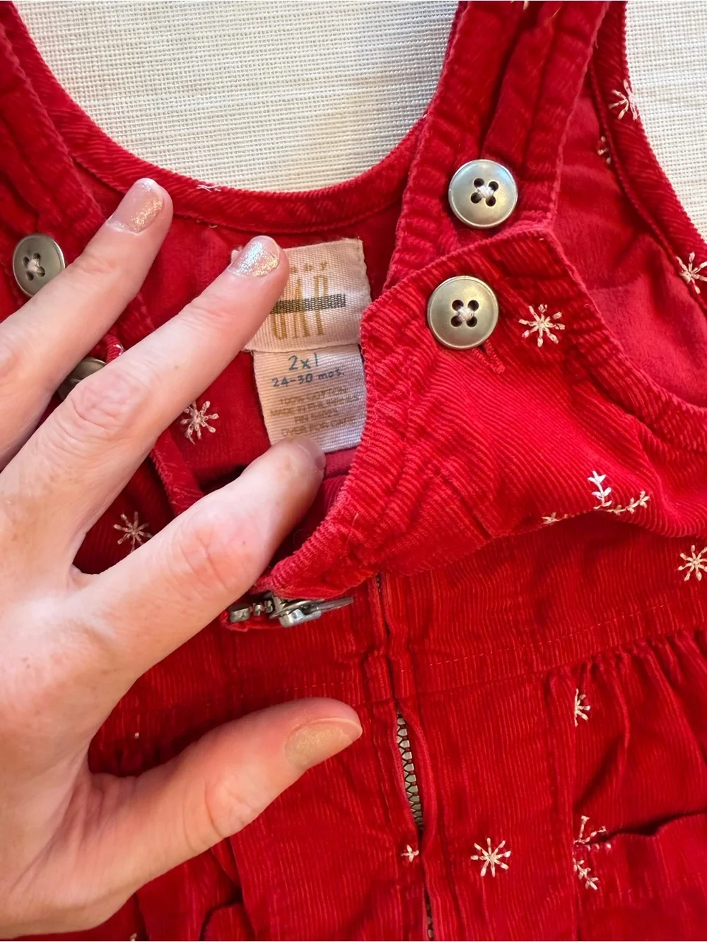 GAP Red Corduroy Embroidered Pinafore Dress and Old Navy Cream Knit Cardigan
